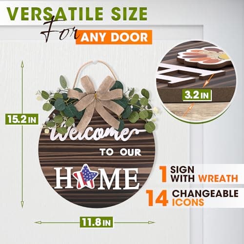 Interchangeable Welcome Sign – Welcome Signs for Front Door, Rustic Fir Wood with Hanging Cord & Metal Hook, Includes 14 Magnetic Changeable Icons – For Holiday, Year-Round Porch & Indoor Decoration - Thumbnail 2