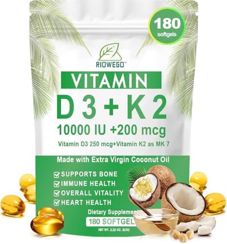 RIOWEGO Vitamin D3 + K2 w/Coconut Oil,Vegan Vitamin D 10000IU & Mk7 Vitamin K 200 mcg for Bone, Immune & Heart Support | Easy to Swallow-Non-GMO-180 Softgels - Image 1