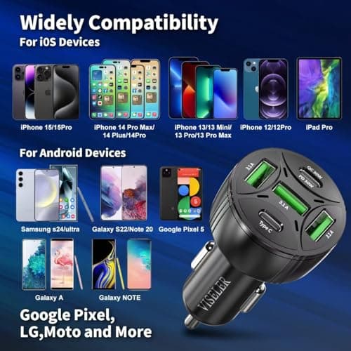 USB C Car Charger Adapter, PD 3.0 Charger, 5 USB QC 3.0 Car Phone Chager Fast Charging for iPhone 17, Galaxy S24 and Other USB Device. (2Pack) - Thumbnail 5