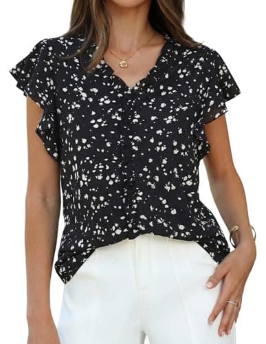 GRACE KARIN 2026 Boho Tops for Women Dressy Casual,Ruffle Sleeve Chiffon Blouses,V Neck Summer Fashion Clothes Black XXL - Image 1