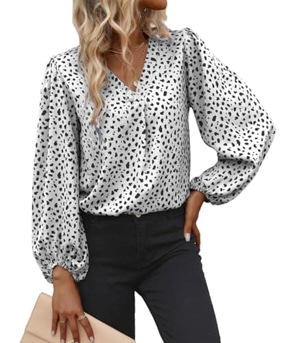 Womens Blouse with Stretch Long Sleeve Work Shirts Leopard Print Chiffon Tops V Neck Loose Business Shirts Large,White - Image 1