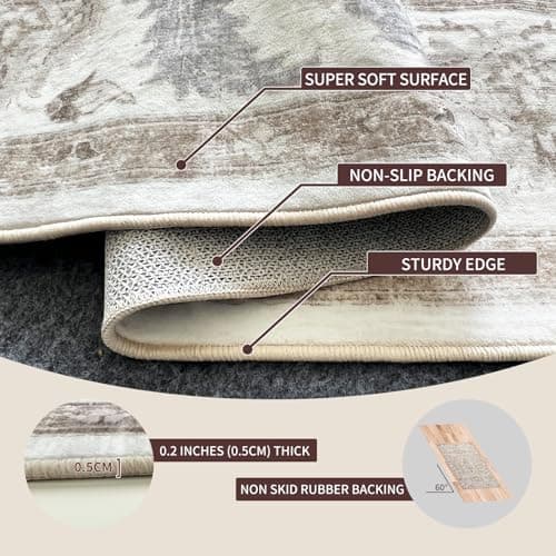 Area Rug 8x10 for Living Room Soft Machine Washable Low Pile Area Rugs Vintage Boho Bedroom,Dinner Room Non-Slip Carpet Rug - Beige - Thumbnail 4