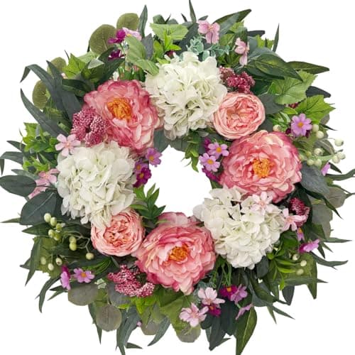 HipTree 24 Inch Spring Wreath Valentines Day Decorations for Front Door,Handmade Silk Pink Peony and White Hydrangeas Floral Wreath for Mothers Day,Wedding,Indoor Outdoor and Wall Decor - Image 1