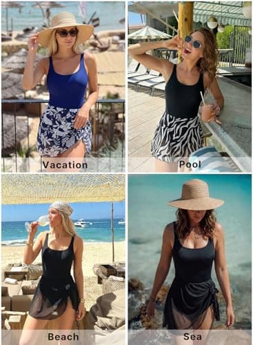 Aleumdr One Piece Bathing Suit for Women 2026 Fashion Tummy Control Swimsuit Printed Round Neck Swimdress Tie Knot Skirt Backless Swimwear Slimming Beachwear Navy Blue Small - Thumbnail 4