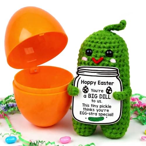 MAMAGIFTREE Easter Basket Stuffers Essentials for Teens Boys Girls Adults Toddler,Easter Gifts Eggs Fillers，Handmade Pickle Crochet Plush Doll with an Egg, Cute Easter Decorations - Image 1
