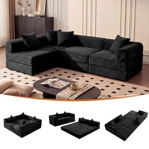ceamorfco 112 Inch Boneless Couch Modular Sectional Sofa, Corduroy 4-Seat Cloud Couch with High Back Support Pillows, Convertible Floor Sofa Bed for Living Room and Small Spaces, Black - Image 1