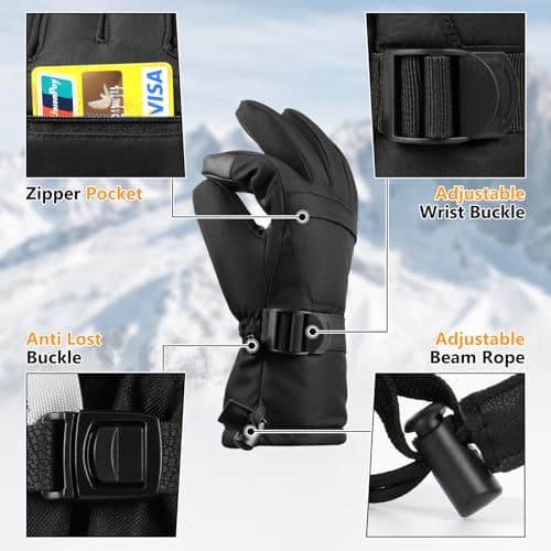 Pnosnesy Ski Gloves,Winter Snow Waterproof Gloves Touchscreen Skiing & Snowboarding Cold Weather Glovess,Fits Both Men & Women,for ParentChild Kids with Wrist Strap - Thumbnail 3
