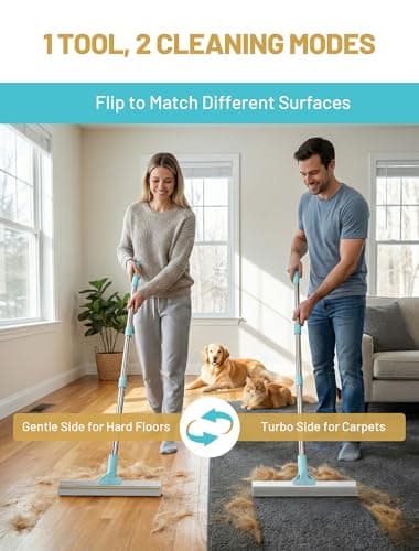 Carpet Rake for Pet Hair Removal: DELOMO Carpet Scraper Broom with 54” Adjustable Long Handle, Dual-Sided, Metal + Short Silicone for Carpets & Rugs, Extended Silicone for Shag Rugs & Hard Floors - Thumbnail 2