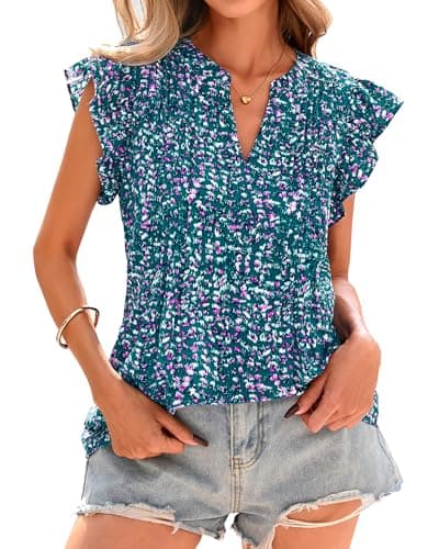 BTFBM Going Out Tops for Women Trendy 2026 Cap Sleeve V Neck Floral Blouses Dressy Casual Cute T Shirts Spring Fashion(Floral Green,XX-Large) - Image 1