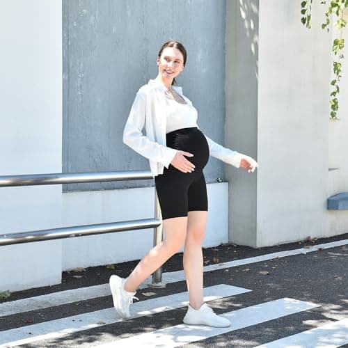 Leafigure Maternity Shorts with Pockets Over The Belly for Women, High Waisted Soft Pregnancy Yoga Pants Grey XL - Thumbnail 6