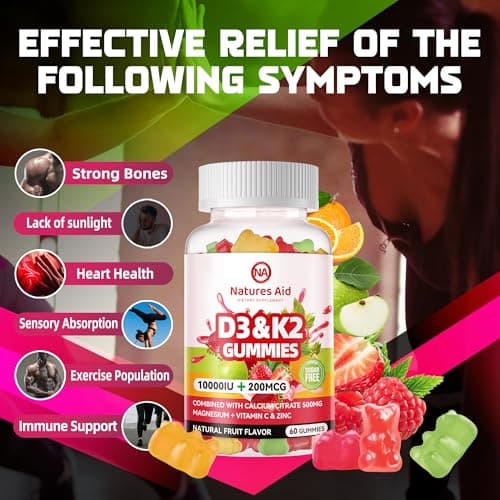 Natures Aid Sugar-Free Vitamin D3 K2 Gummies with Calcium + K2 (MK-7), Magnesium Citrate, Vitamin C, Extra Strength - Ultimate Absorption for Bone Muscle Teeth Immune, Vegan - 60 Gummies - Thumbnail 3