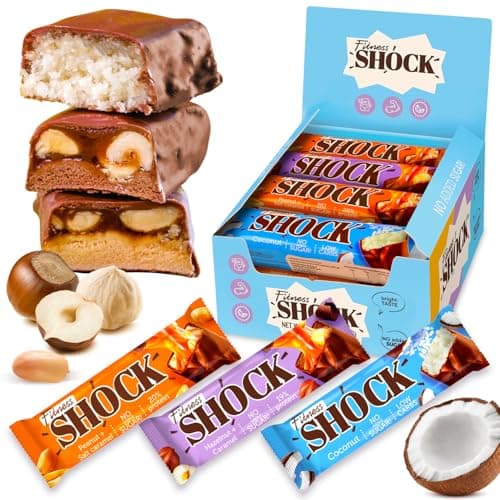 Fitness SHOCK Protein Bars Variety Pack - No Added Sugar, Low Calorie Low Carb Snack - Peanut Salted Caramel, Hazelnut Caramel, Coconut - 180 Kcal, 0g Added Sugar, 8g Fat, 13g Net Carbs - 12 x 50g - Image 1