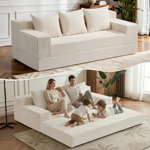 Winzoo 2 in 1 Convertible Boneless Couch Bed, Corduroy futon Sofa Bed, Compression Folding Floor Couch Sofas Bed with 3 Pillows for Bedroom, Small Space Guest and Living Room Sofa (Beige, 78 Inches) - Image 1