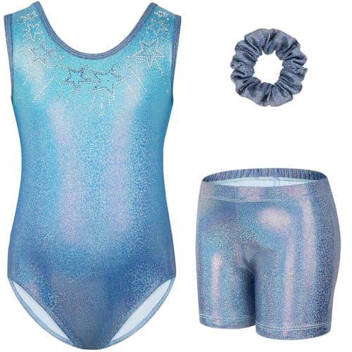 Gogokids Gymnastics Leotards for Girls Sparkly Rhinestone Dance Unitards Biketards with Shorts Activewear, A-blue star, 8-9 Years - Image 1