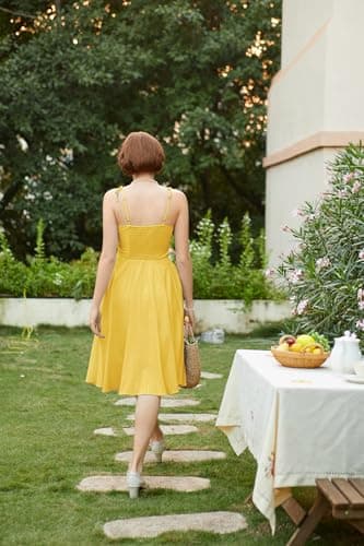 Belle Poque Vintage Dress for Women 2026 Summer Sleeveless Cute A-Line Flowy Swing Fit and Flare Midi Dress Yellow L - Thumbnail 5