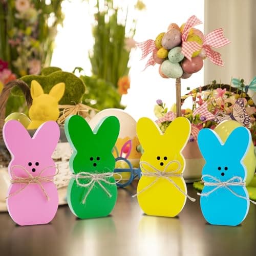 Oeyliz Easter Decorations 4PCS Easter Wooden Bunny Table Decorations Wooden Rabbit Tiered Tray Decor Spring Wood Decor for Home Mantel Home Table Party - Image 1
