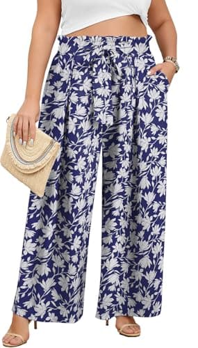 Lastshe Plus Size Pants for Women Wide Leg Casual Comfy Ankle Pants Elastic High Waisted Printed Boho Palazzo Trousers, Navy Blue Floral, 4X - Image 1