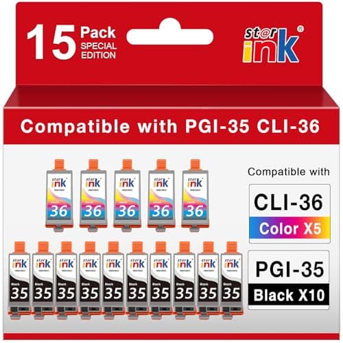 15 Pack PGI-35 CLI-36 Ink Cartridge Replacement for Canon TR160 Ink Cartridge Compatible for Canon 35 36 Ink Cartridges Work with TR150 TR160 iP110 iP100 Mini260 Mini320 Printer-(10 Bk+ 5 Tri c) - Image 1