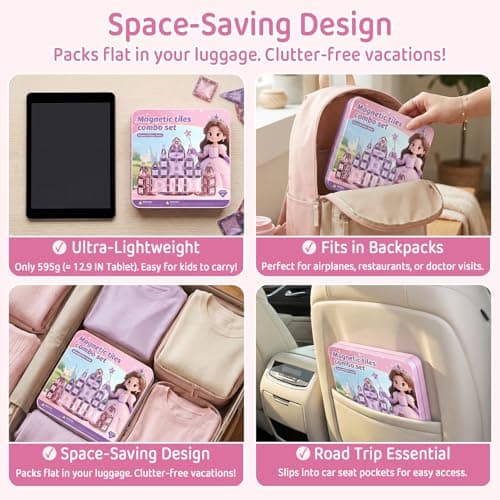 STEM MATCH Magnetic Tiles Girls Travel Toy: 42 PCS Pink Glitter Building Blocks Castle Tin Box - 120 Mins Quiet Play 60s Cleanup - Toddler Kids Gift Age 3 4 5 6 - Thumbnail 2