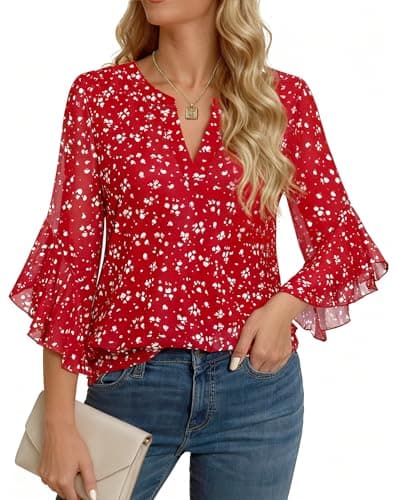 GKBK Womens 3/4 Sleeve Tops Dressy Casual Business Work Blouses Office Attire Professional Ladies Shirts Interview Formal Modest Flowy 2025 Fall Outfits Fancy Sheer Red L - Image 1
