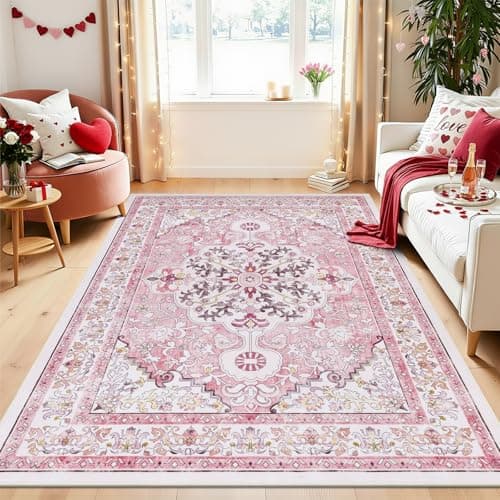 U'Artlines Pink Area Rug 5x7 Boho Washable Soft Carpet for Living Room Bedroom Dining Room Office Indoor Rugs for Home Decor - Image 1
