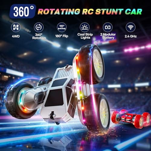 WayEee Remote Control Car for Boys 4-7, 360° Flips Rotating RC Stunt Car with Type-C Charging and LED Lights Strips, 2.4 GHZ Double Sided All Terrain 4WD RC Cars for Girl Boys Christmas Birthday Gift - Thumbnail 2