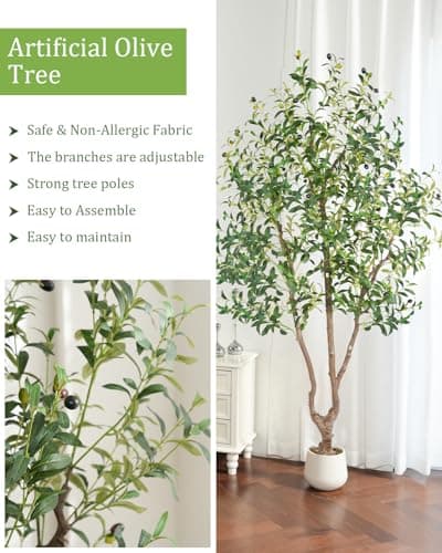 Sillaff Olive Tree 6FT Fake Tree Large Artificial Tree Indoor Faux Plants with Pot, Nearly Natural Olive Branches and Fruits for Living Room Home Office Decorations - Thumbnail 6