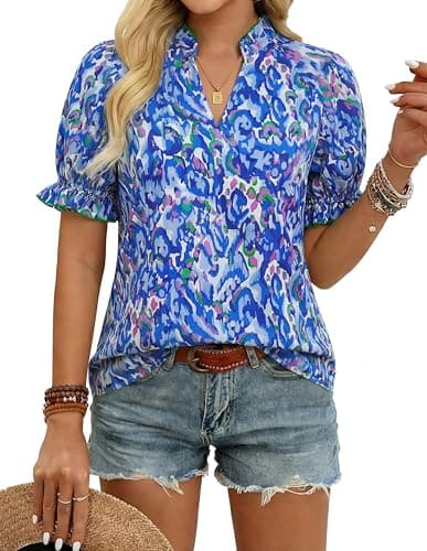 GRACE KARIN Womens Boho Summer Tops,V Neck Short Sleeve Blouses Casual,Floral Print Cotton Shirts Beach Vacation Clothes 2026, Blue Wave, X-Large - Image 1