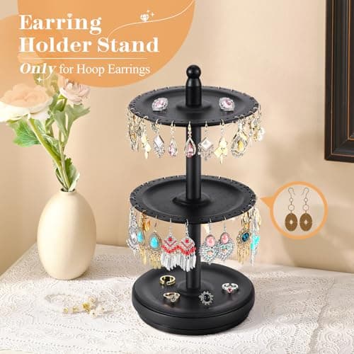 BNING Earring Holder Organizer, Rotating Solid Wood Earring Organizer Stand for Women Girls, 3-Tier Jewelry Holder Tree With 102 Holes for Display, Gifts for Her (Black) - Thumbnail 3