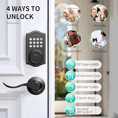 Keyless Entry Door Lock Deadbolt with Handle Set,Fingerprint Smart Locks for Front Door,Backlit Digital Keypad Deadbolt with 2 Keys - Auto Locking - Easy Installation-Left/Right Doors (Matte Black) - Thumbnail 3