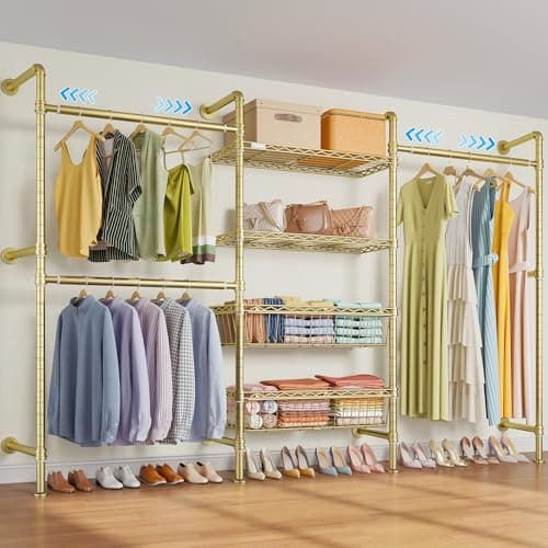 Timate X3 Expandable Heavy Duty Clothes Rack Wall Mounted Clothing Rack for Hanging Clothes, Industrial Pipe Closet System for Walk in Closet Kit, Wall Mount Clothes Rack with Basket, Gold Wall Closet - Image 1