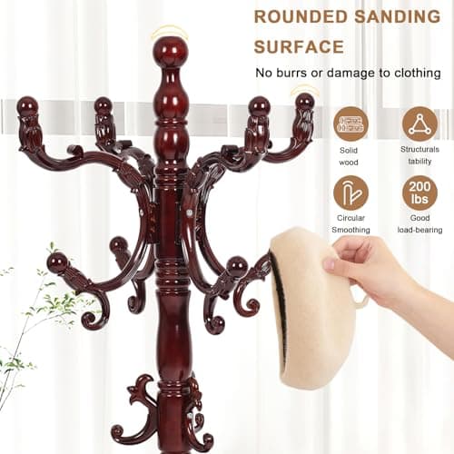 Daisdoer Solid Wood Coat Rack, Free Standing Hall Coat Tree with 14 Hooks, 3 Height Options, 300lbs Load, Stury Base, Clothes Rack for Entryway, Hallway, Bedroom (Disc Base - Rosewood) - Thumbnail 2