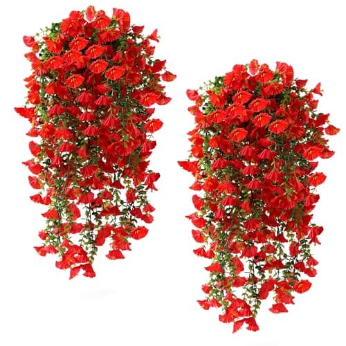 Fanfantoey Artificial Hanging Flowers for Outdoors, 2Pcs UV Resistant Fake Flowers, Realistic Faux Petunias Silk Long Vines Morning Glory Eucalyptus for Outside Planter Porch Patio Home Decor, Red - Image 1