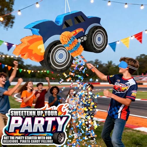 27" Race Car Piñata, Monster Truck Pinata Bundle with Blindfold and Bat Party Favors for Kids Boys Exciting Party Games Supplies - Thumbnail 6