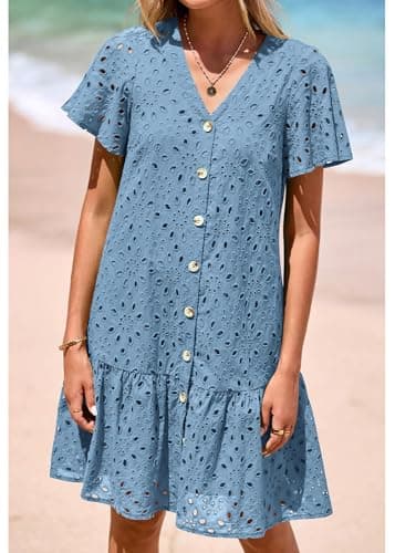 KIRUNDO Eyelet Dresses for Women 2026 Spring Summer Short Sleeve Button Down Loose Mini Babydoll Dress Beach Vacation Clothes(Grey Blue, Medium) - Thumbnail 4
