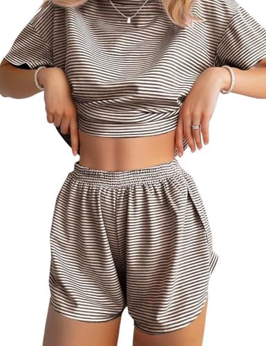 JUSTFASHIONNOW Pajama Shorts Set for Women Striped Print 2 Piece Short Sleeve Lounge Sets Sleepwear Comfy Split Short Pajama Set Soft Summer Outfits Loungewear Pj sets Brown L - Image 1