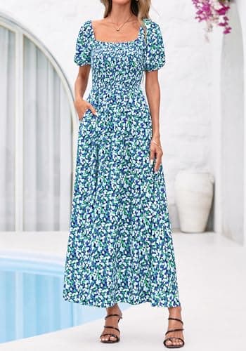 BTFBM Womens Spring Summer Dresses 2026 Square Neck Puff Short Sleeve Smocked Floral Boho Beach Wedding Guest Maxi Dress(Floral Blue Green, Large) - Thumbnail 5