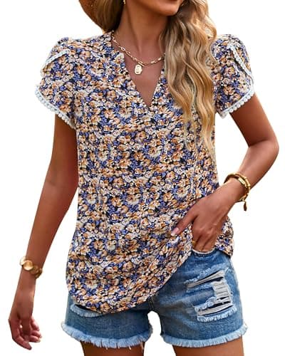 PRETTYGARDEN Women's Shirts Summer Casual Crewneck Lace Crochet Short Sleeve Blouses Cute Floral Print Loose Tunic Tops(Floral Black,Medium) - Image 1