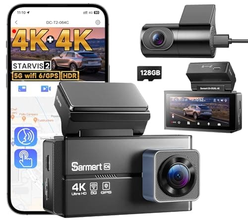Dash Cam Front and Rear - Sarmert C4 Dual 4K Built-in GPS and 5G WiFi, Free 128GB Card Included, HDR Night Vision, WDR, 4K UHD Dash Camera for Cars, App, 24H Parking Mode - Image 1