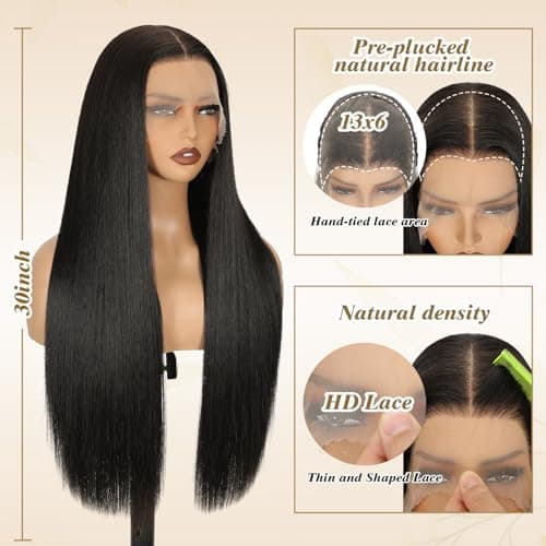 Erqq Synthetic Lace Front Wig 30inch/76cm 13x6 HD Long Black Straight Wigs for Women Pre Plucked Natural Hairline Heat Resistant Synthetic Wig for Daily Use (#1B Natural Black) - Thumbnail 4
