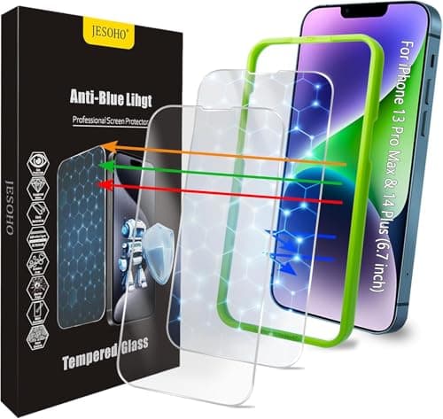 JESOHO Screen Protector for iPhone 13 Pro Max/14 Plus [6.7 Inch], Colorless Anti-Blue Light Tempered Glass Films, HD Clear, 9H Hardness, No Bubbles, Case Friendly,2 pcs - Image 1