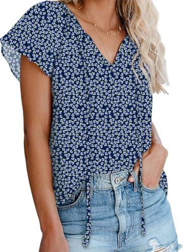 Dokotoo Womens Boho Tops and Blouses Floral Printed Cap Sleeve V Neck Ladies Summer Chiffon Shirts with Drawstring Medium Blue - Image 1
