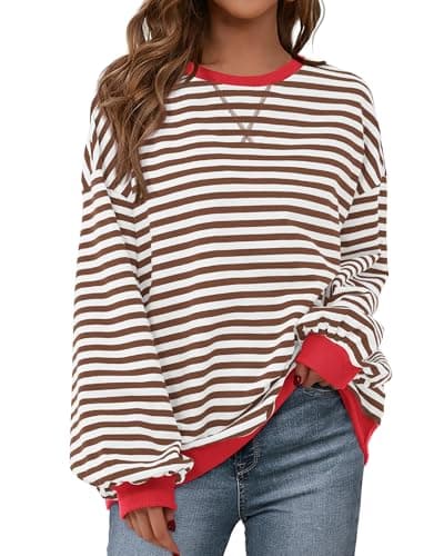 BTFBM Womens Oversized Striped Sweatshirt 2026 Spring Crewneck Long Sleeve Pullover Top Casual Y2K Clothes Workout Shirt(Brown White, X-Small) - Image 1