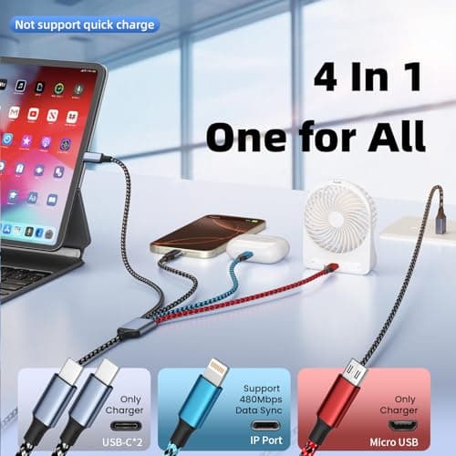 Dual Type-C USB Multi Charging Cable with 2 USB-C/IP/Micro Port, 4 in 1 Chargers for Multiple Devices, Travel Essentials USB Cable Phone Charger Cord for iPhone 17 16 15 14/Android/Tablet/iPad(5FT) - Thumbnail 2