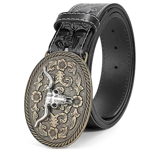 SANSTHS Western Cowboy Belt for Men Longhorn Bull Buckle Belt Womens Western Floral Engraved Leather Belts for Jeans, Black - Image 1