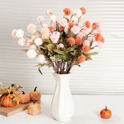 Ovveroche 16 Bundles Faux Silk Mums Chrysanthemums Pom Pom Ball Bouquet Kiku Flowers with Stem for Wedding, Home, Outdoor Table Vase Arrangement - Image 1