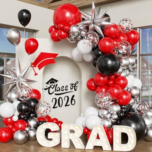 Red and Black Balloon Arch Kit, 2026 Graduation Decorations, 130Pcs Red Black White Silver Balloons with Foil Star Confetti Balloons for College High School Graduation Decorations Class of 2026 - Image 1