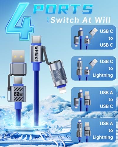 Vexipia 4 in 1 USB C Cable 60W Fast Charging & Data Transfer, Thicker Silicone Multi Charger Cord for iPhone iPad Charger Wire Combo with L/Type C/USB A for iPhone 16/15/Macbook (Blue) - Thumbnail 2