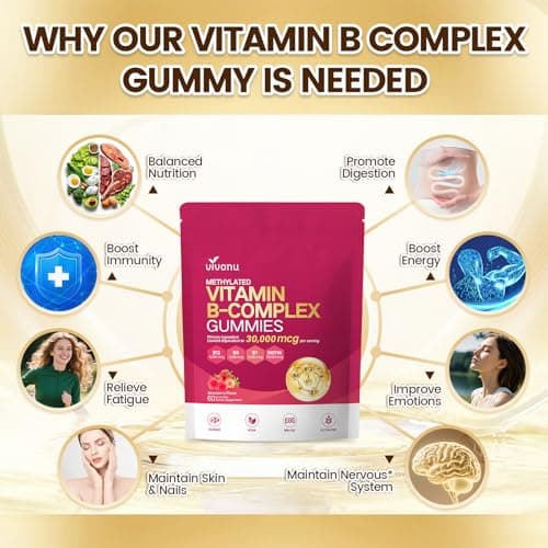 Vitamin B Complex Gummies, 6000 mcg Methylated Vitamin B12, with B6 B1, B2, B3, B5, B7, Methylfolate, Vitamins A C D E, Vegan, Non GMO, Methylated B Complex Vitamin - 60 Gummies - Thumbnail 3