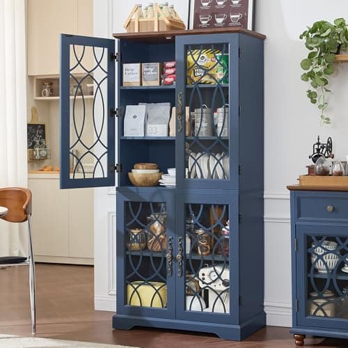 Joaxswe 67" Tall Bookshelf, Rustic Book Shelf w/Vintage Pattern Tempered Glass Doors, 5-Tier Wood Bookcase with Adjustable Storage Shelves, Retro Curio Display Cabinet for Living Room, Navy Blue - Thumbnail 4